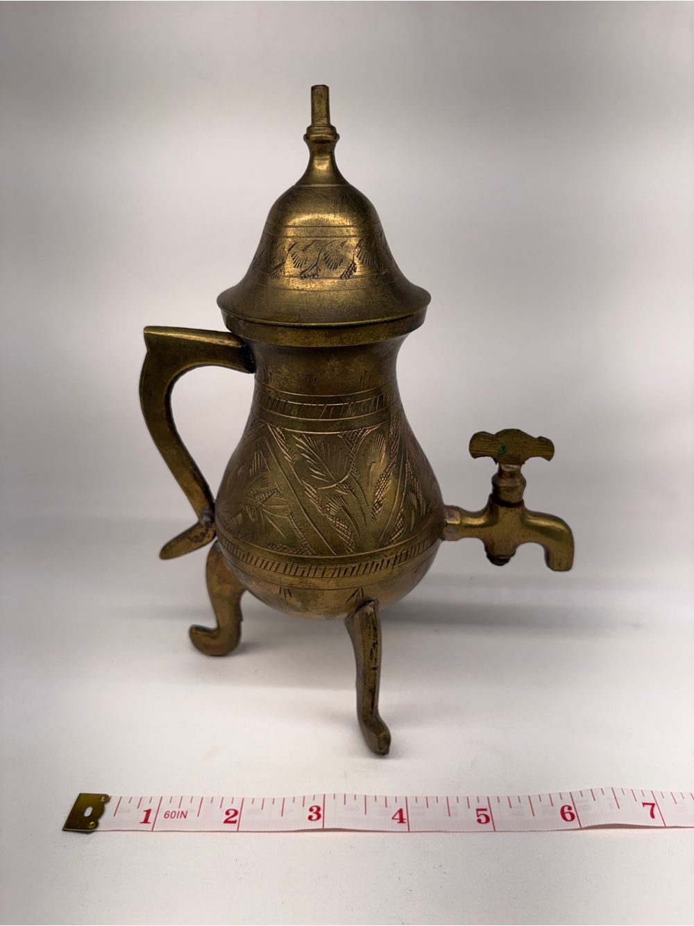 Vintage Etched Brass Samovar Mini Tea Coffee Pot Urn Spigot Faucet Footed